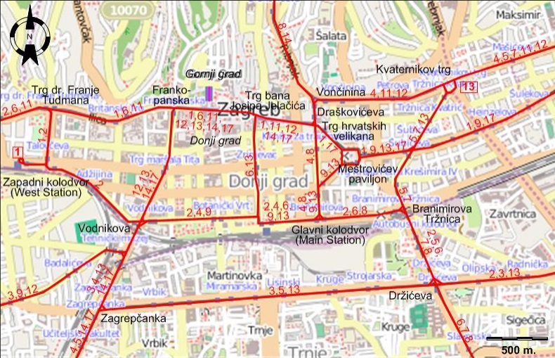 Zagreb downtown tram map 2013
