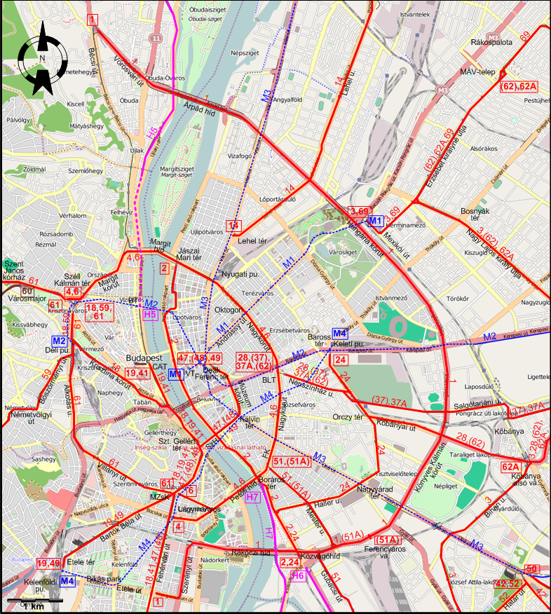 Budapest downtown tram map 2015
