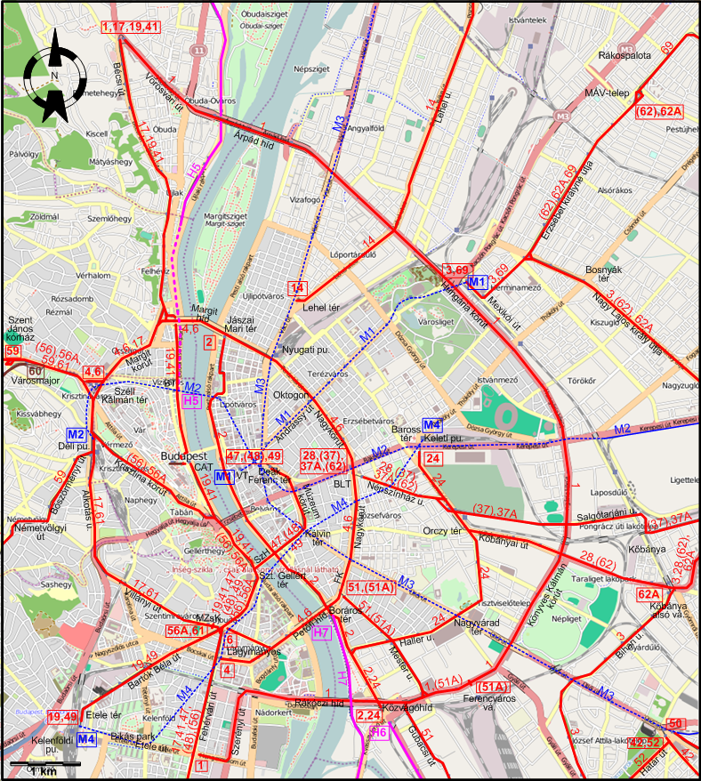 Budapest downtown tram map 2016
