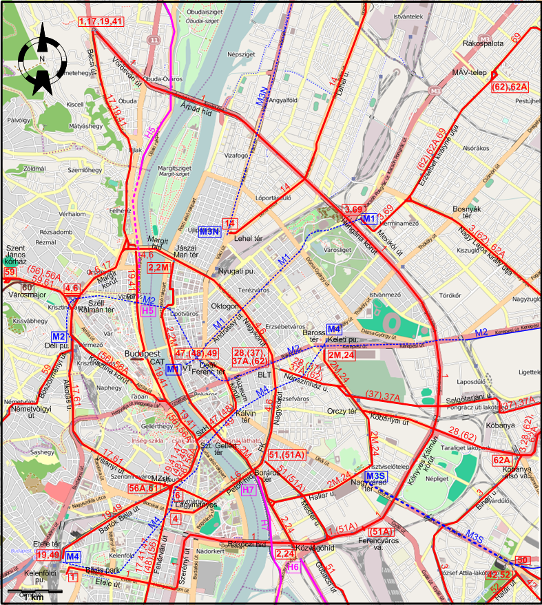 Budapest downtown tram map 2020