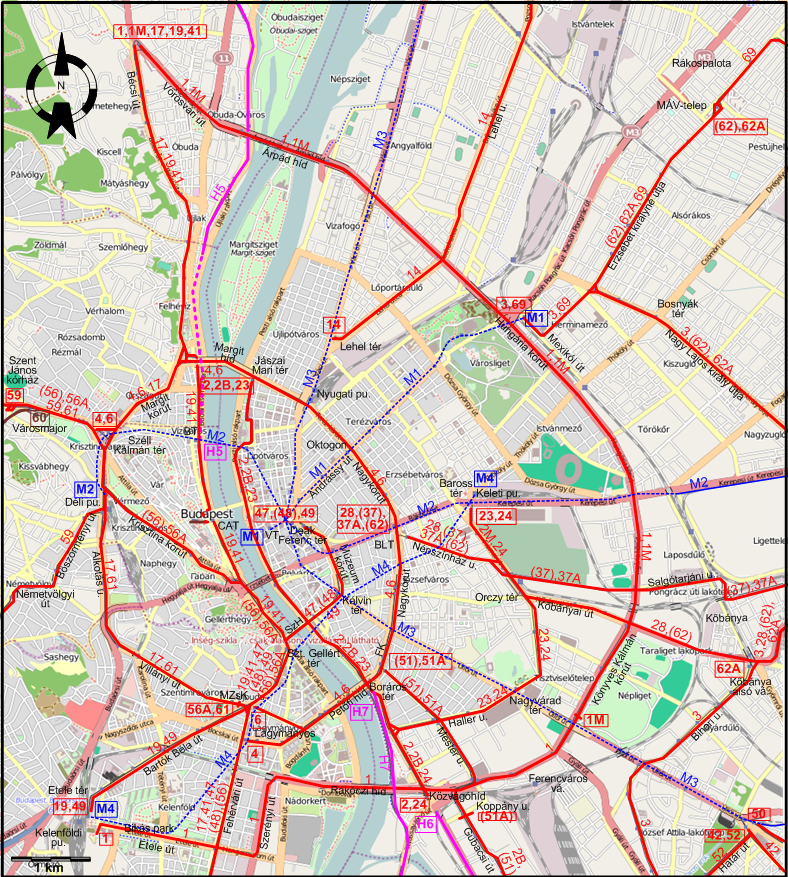 Budapest downtown tram map 2023