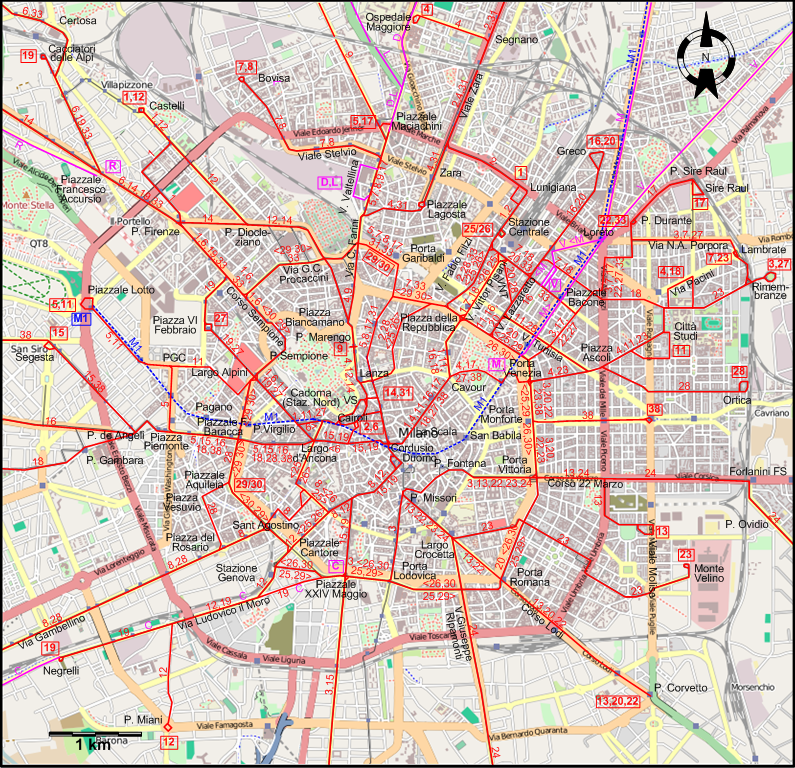 Milan 1964 centre tram map