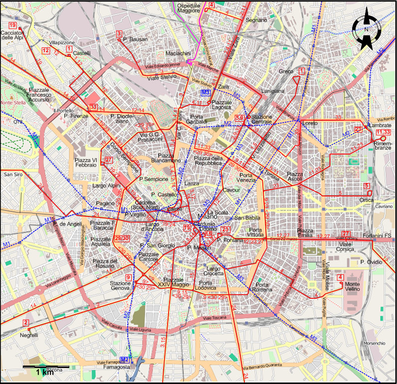 Milan 1996 centre tram map