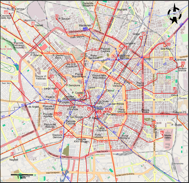 Milan 2007 downtown tram map