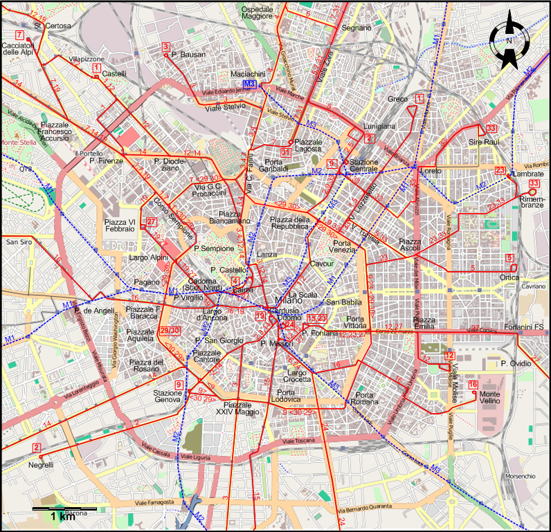 Milan 2008 downtown tram map