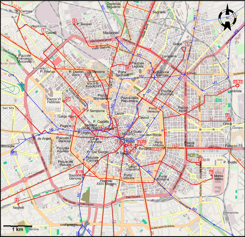 Milan 2011 downtown tram map