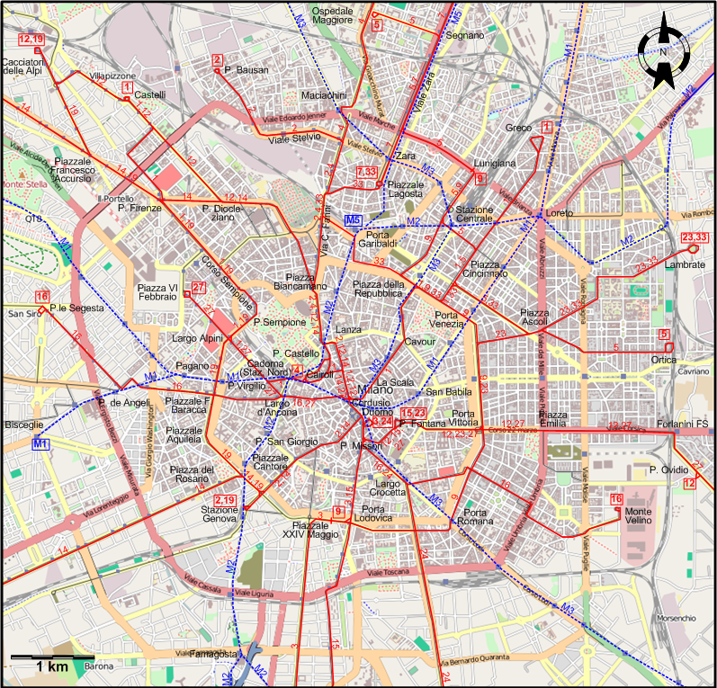 Milan 2014 downtown tram map