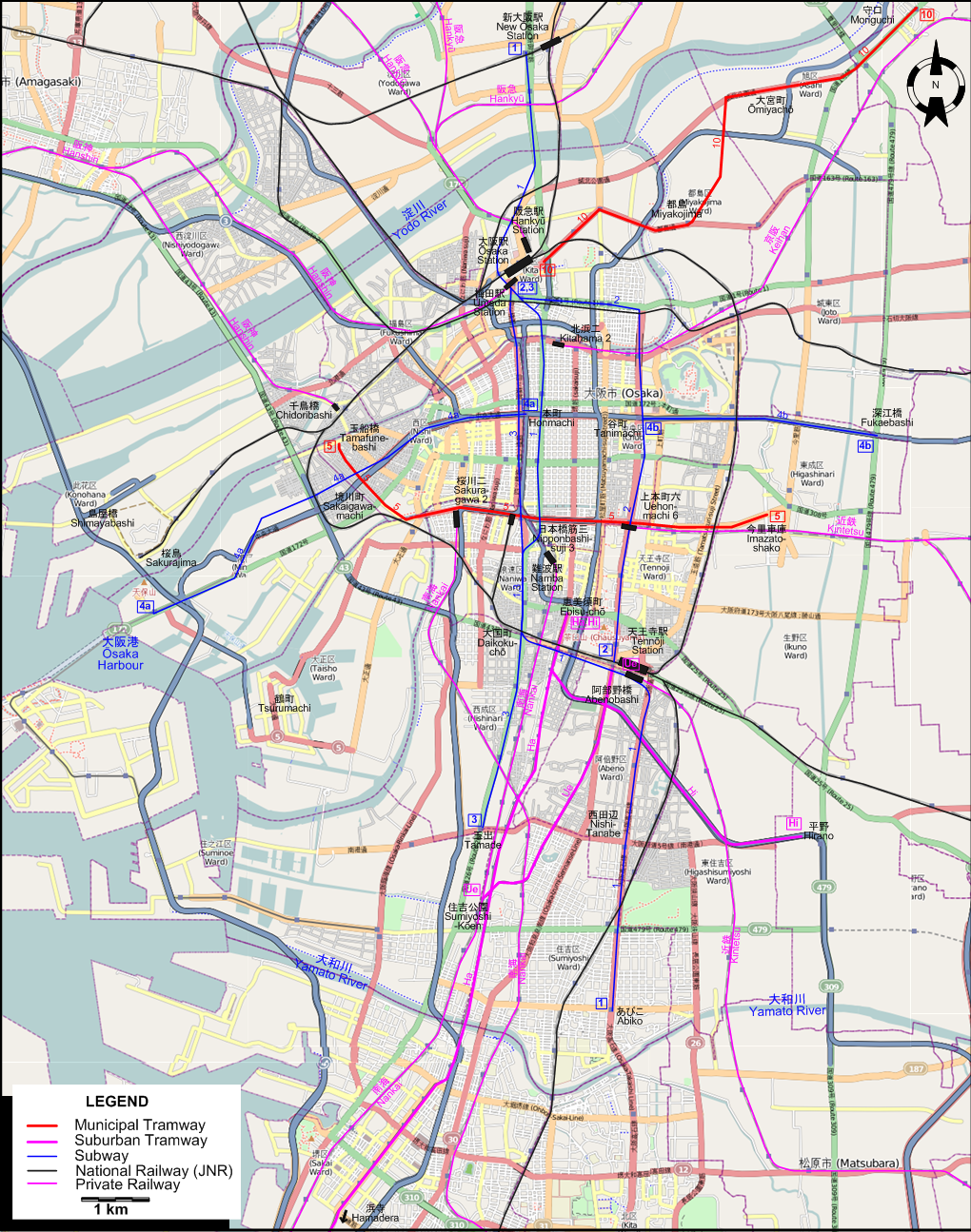 Osaka tram map – 1969