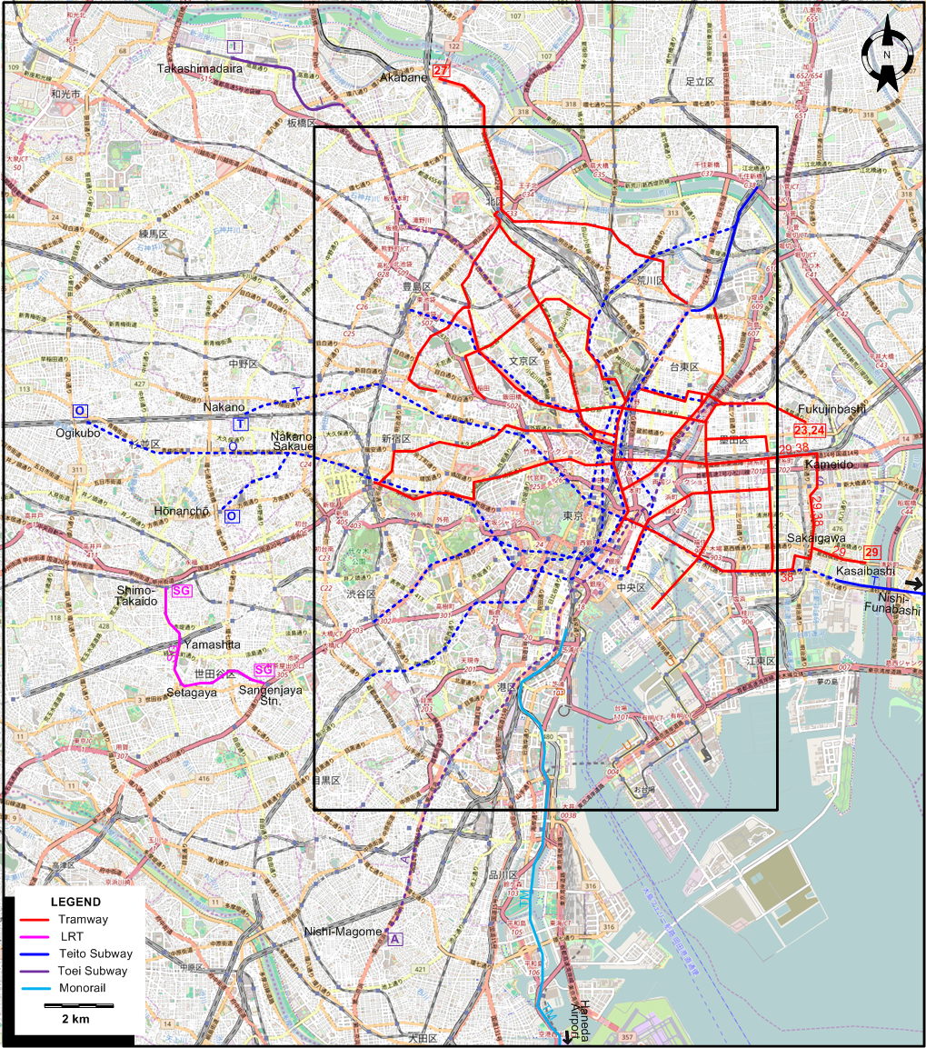 Tokyo tram subway rail map 1970