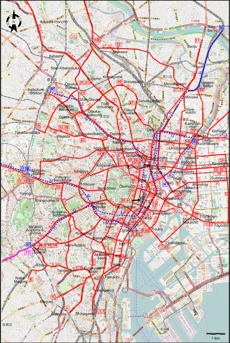 Tokyo centre tram subway rail map 1962