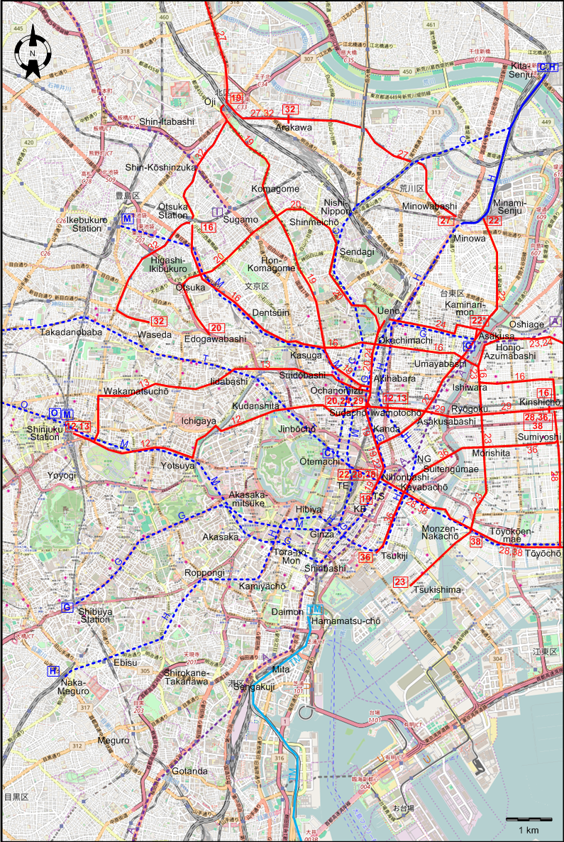 Tokyo centre tram subway rail map 1970