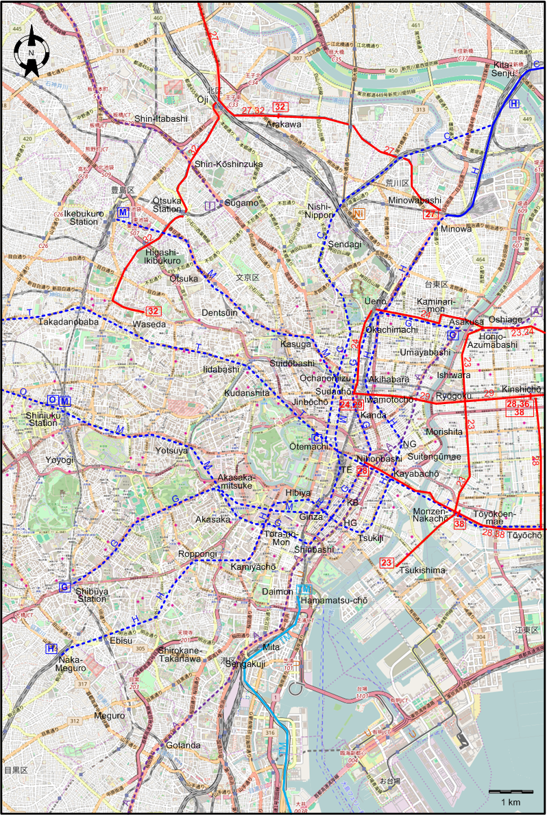 Tokyo centre tram subway rail map 1972