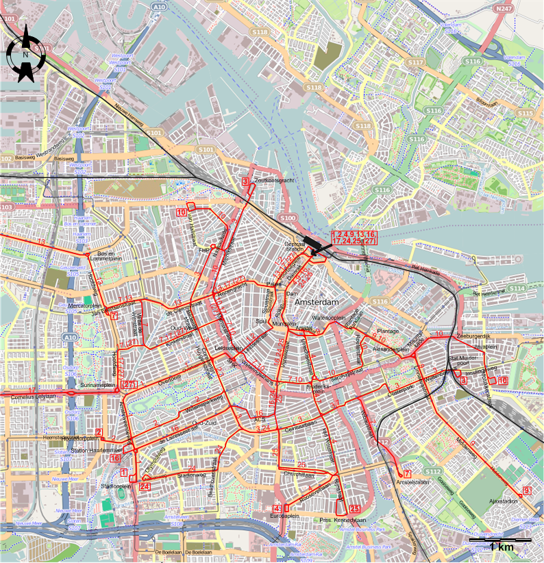Amsterdam 1970 downtown tram map
