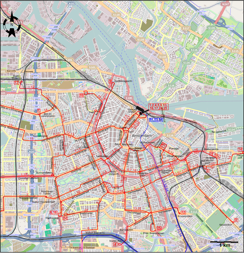 Amsterdam 1995 downtown tram map