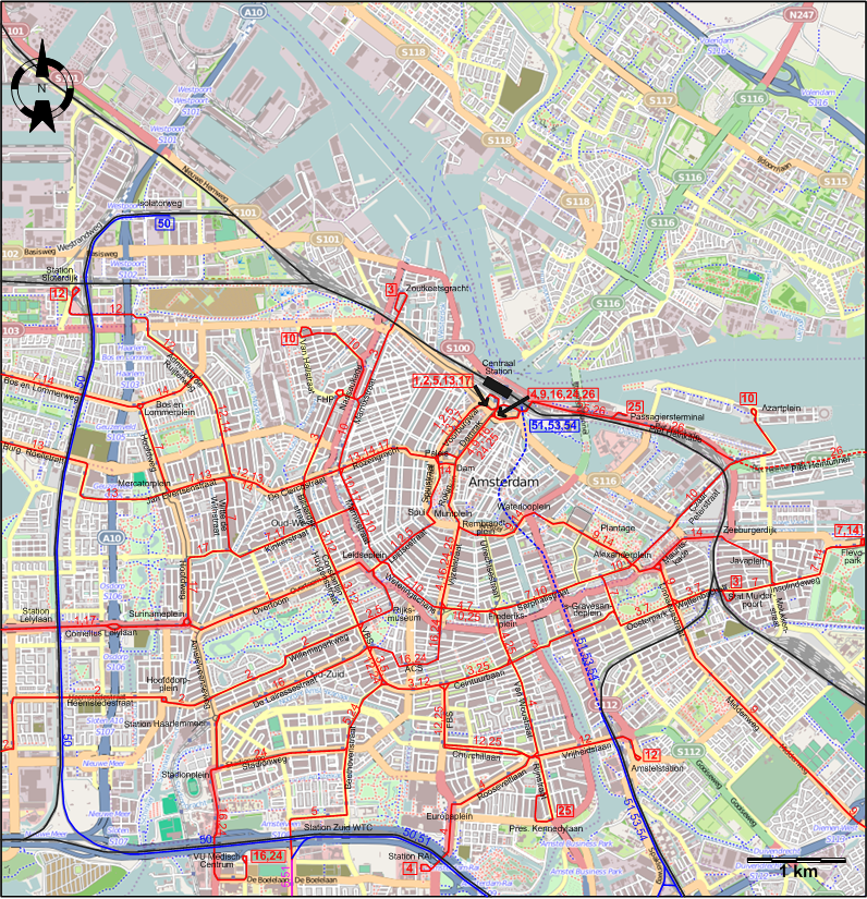 Amsterdam 2010 downtown tram map
