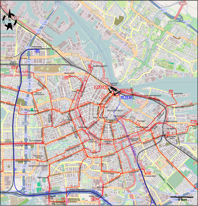 Amsterdam 2016 downtown tram map