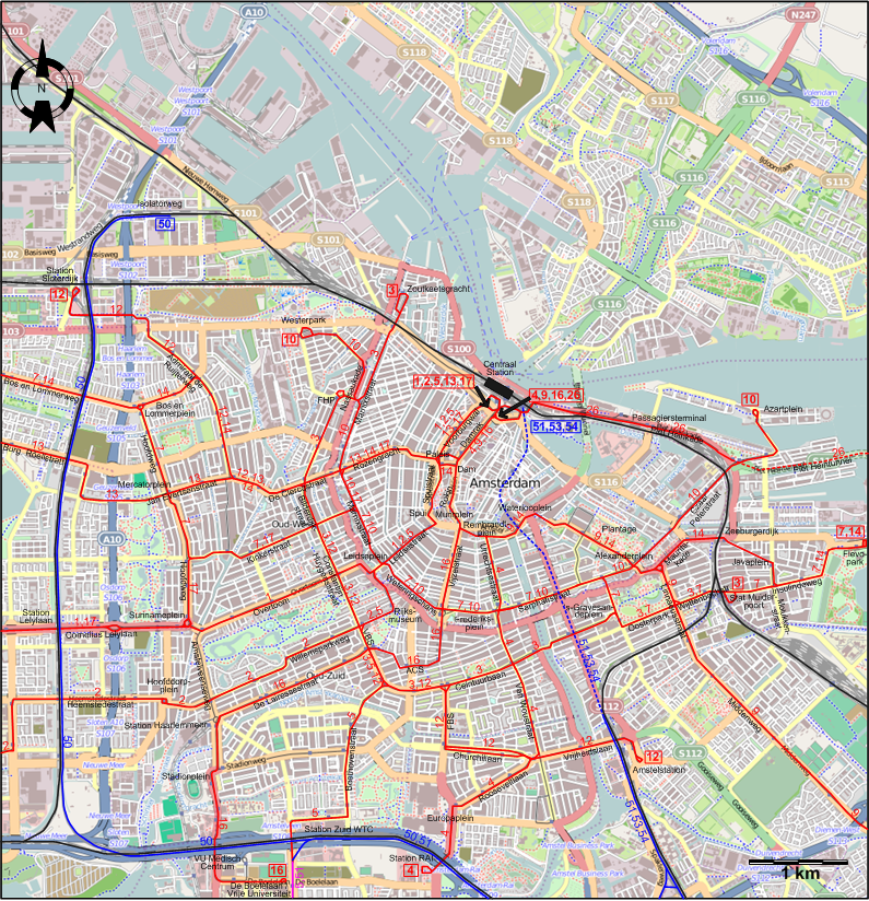 Amsterdam 2017 downtown tram map