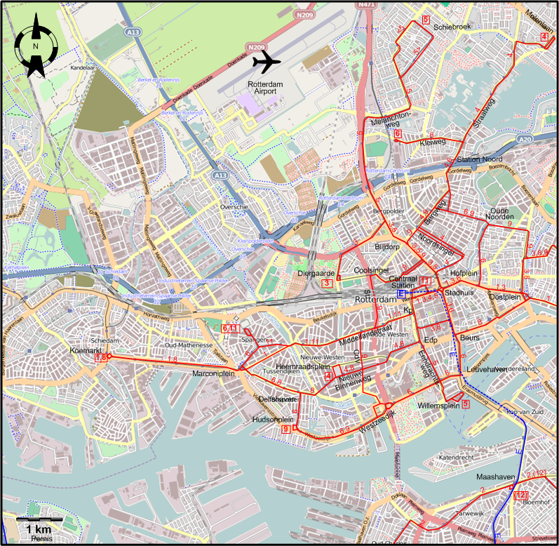 Rotterdam 1972 downtown tram map