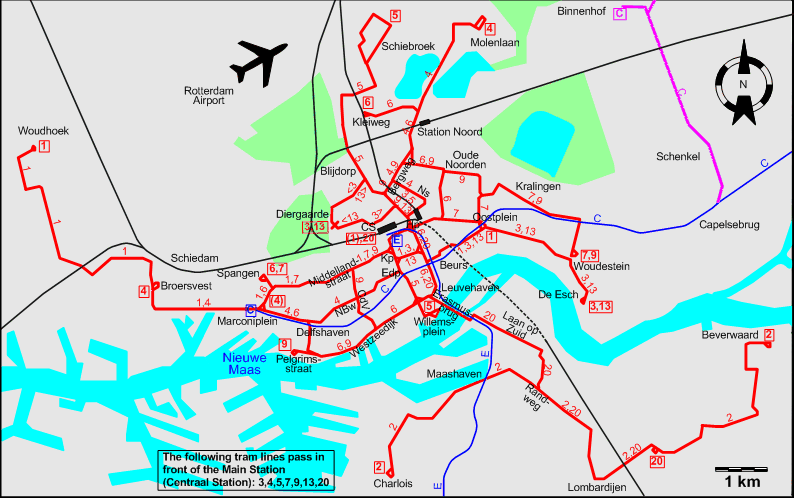 Rotterdam 1998 downtown tram map