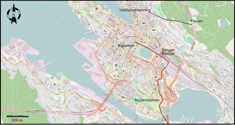 Bergen downtown tram map 2017