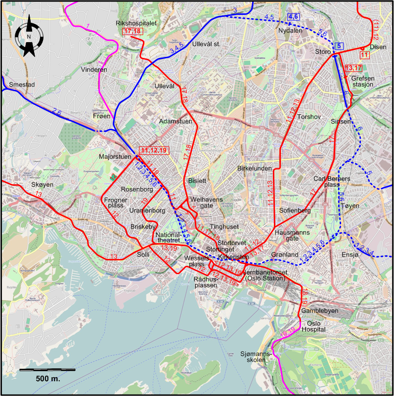 Oslo downtown tram map 2009