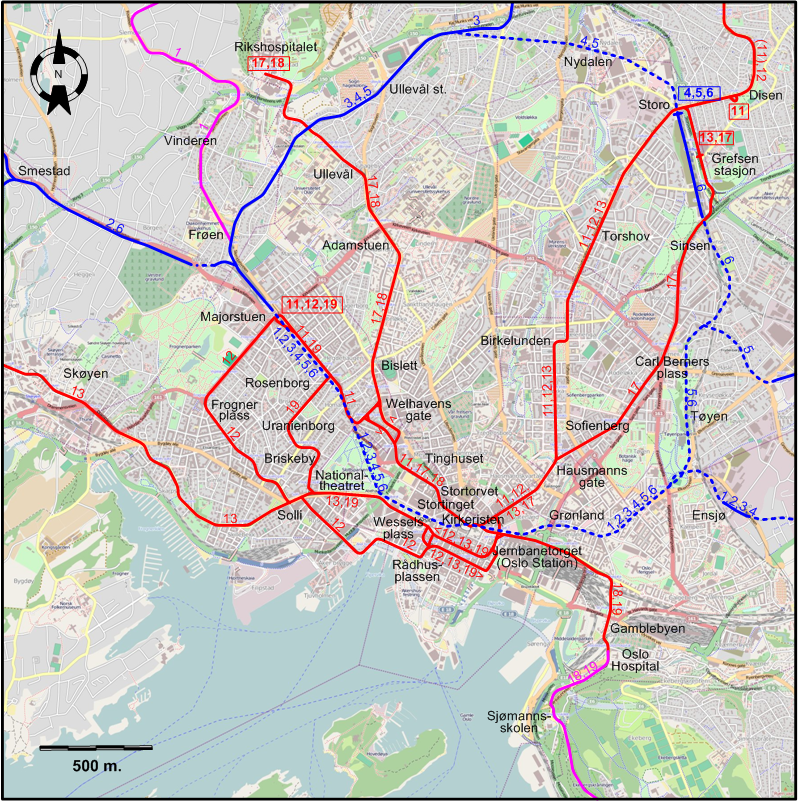 Oslo downtown tram map 2011