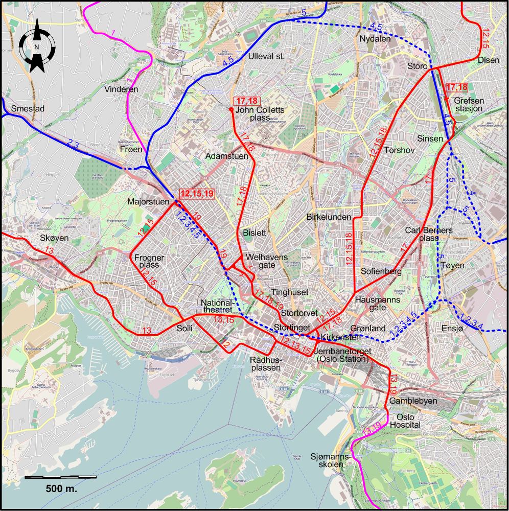 Oslo downtown tram map  2024