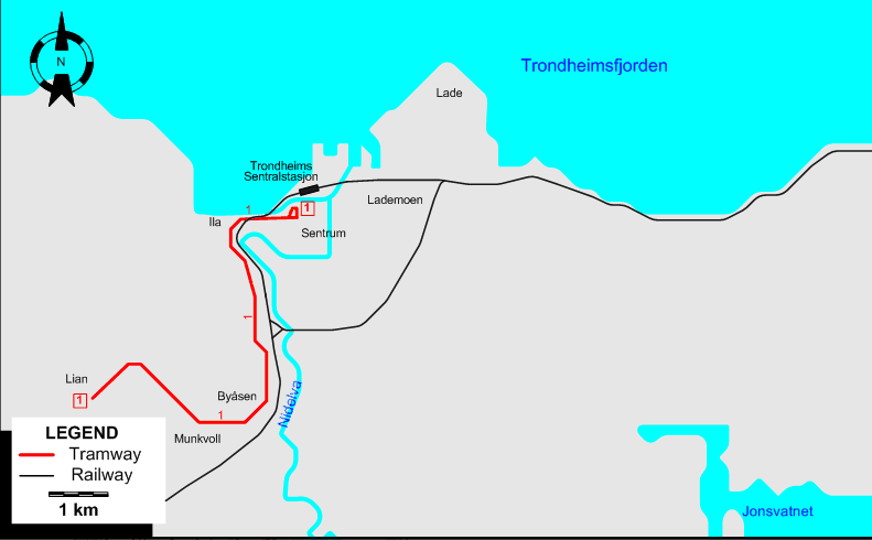 Trondheim tram map 1990