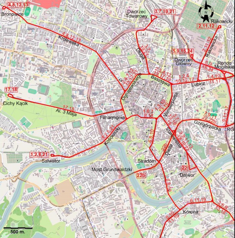 Cracow downtown tram map 1974