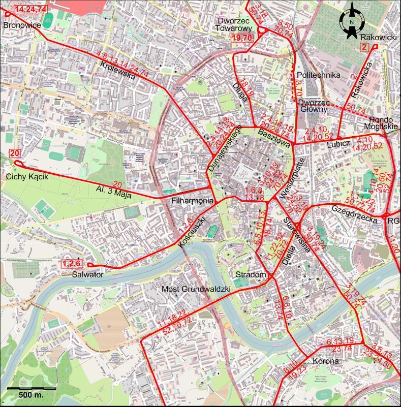 Cracow downtown tram map 2014