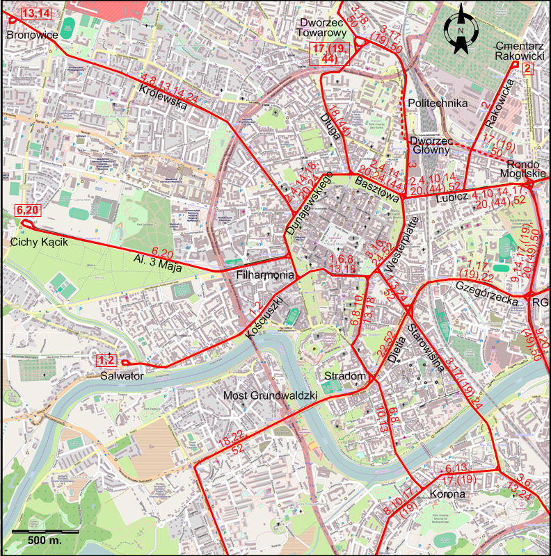 Cracow downtown tram map 2022
