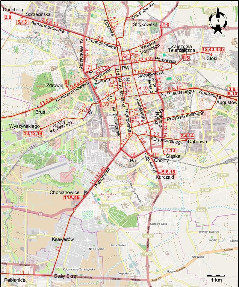 Lodz downtown tram map 2004