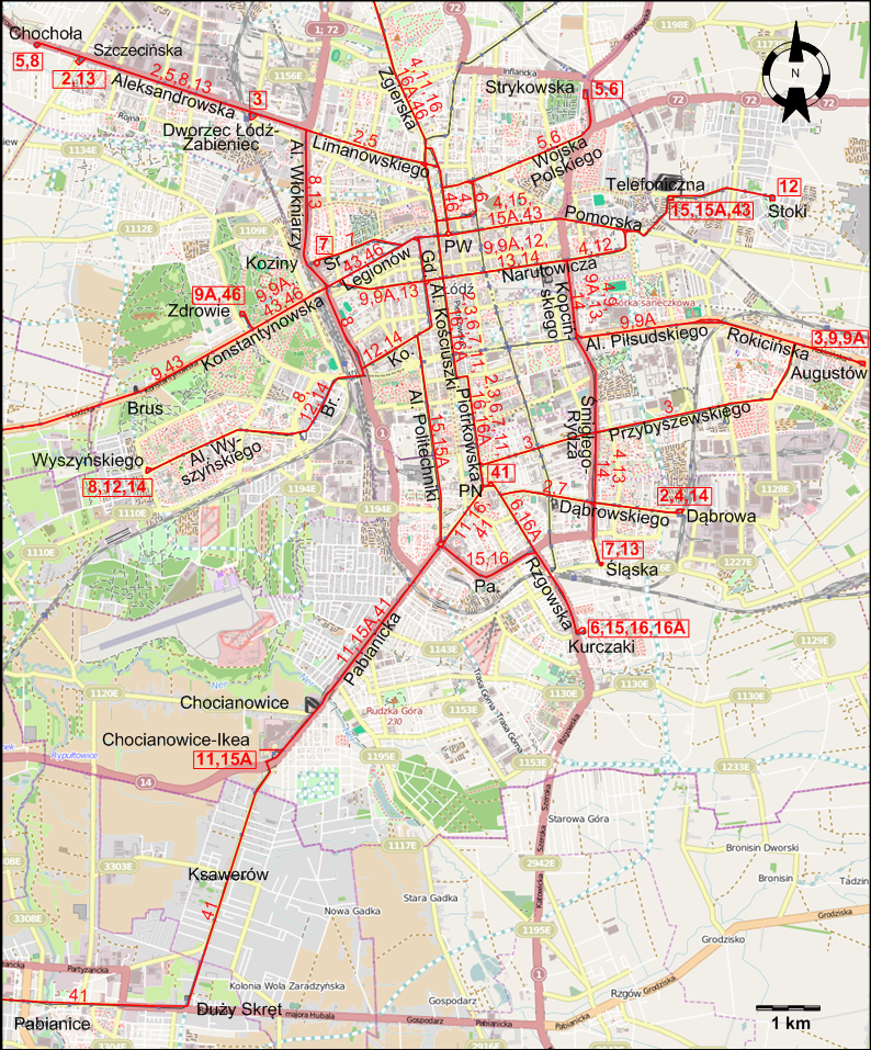 Lodz downtown tram map 2014