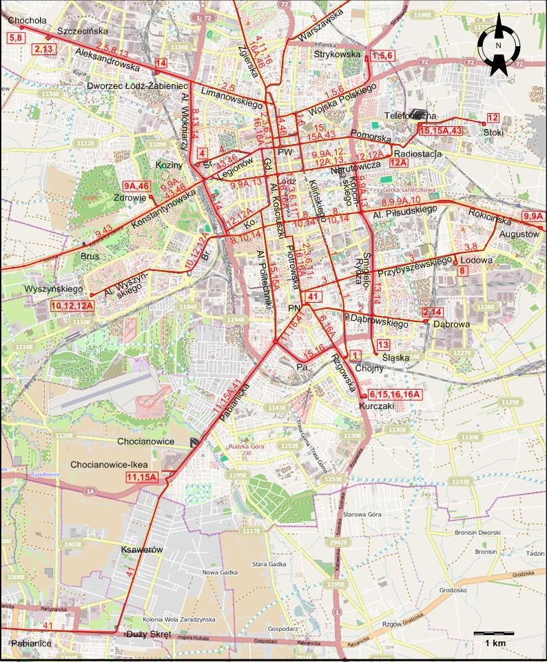 Lodz downtown tram map 2015