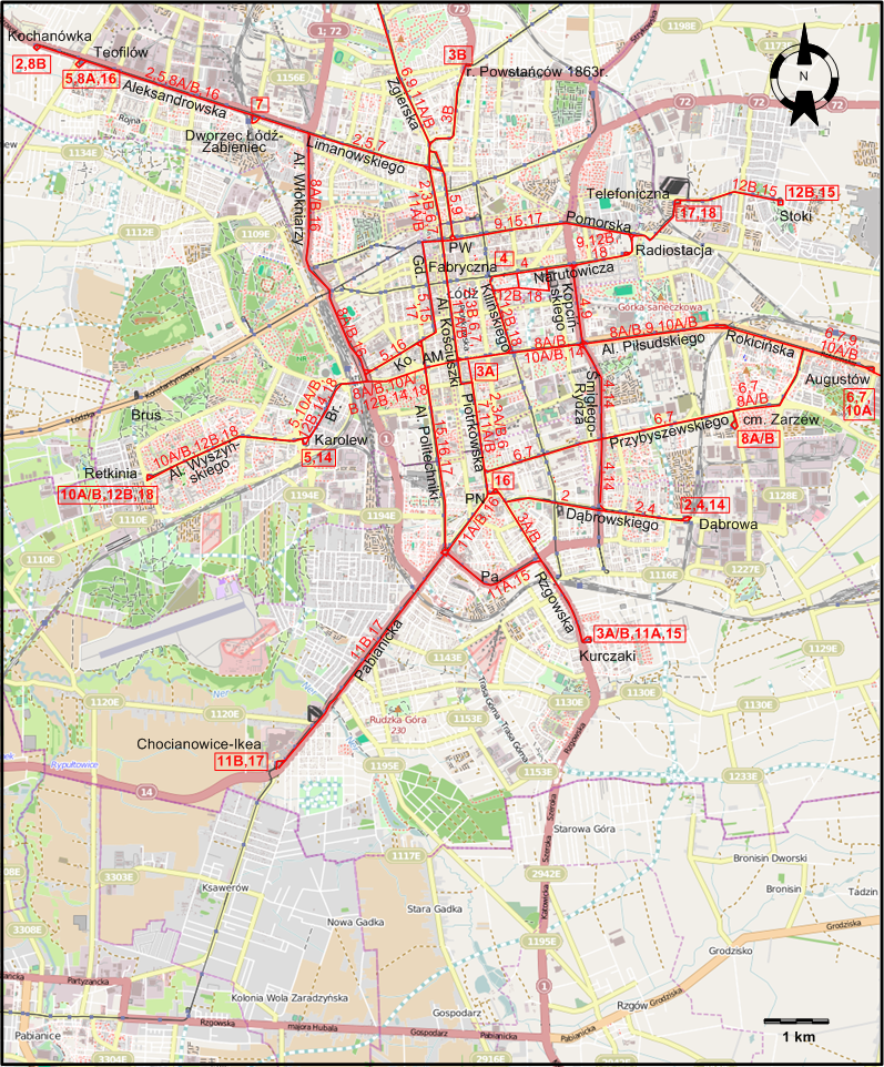 Lodz downtown tram map 2021