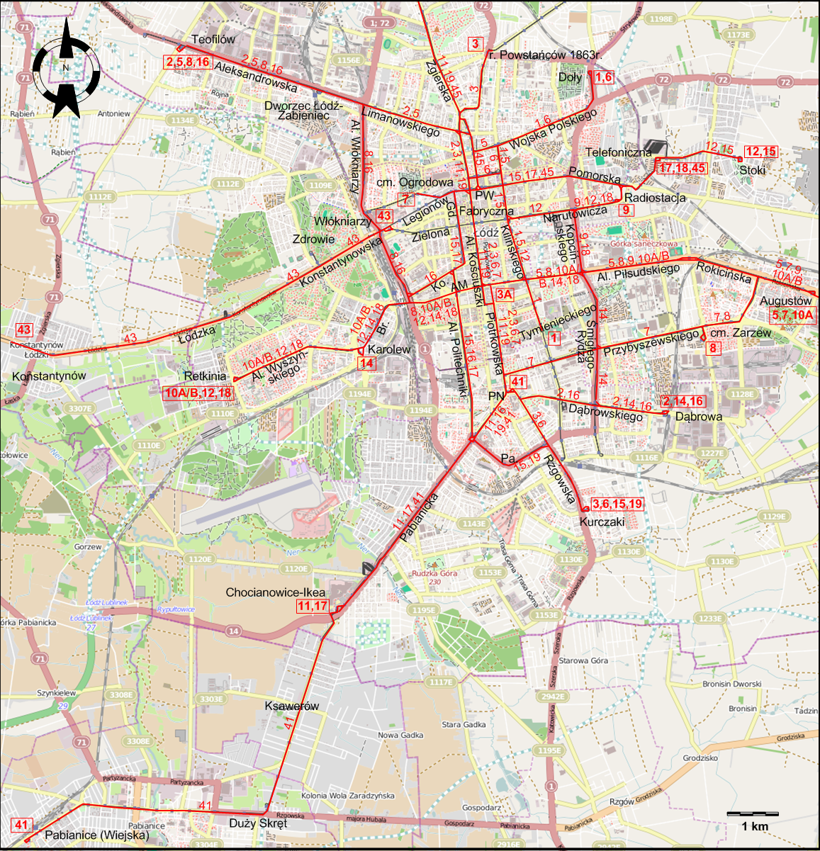 Lodz downtown tram map 2025