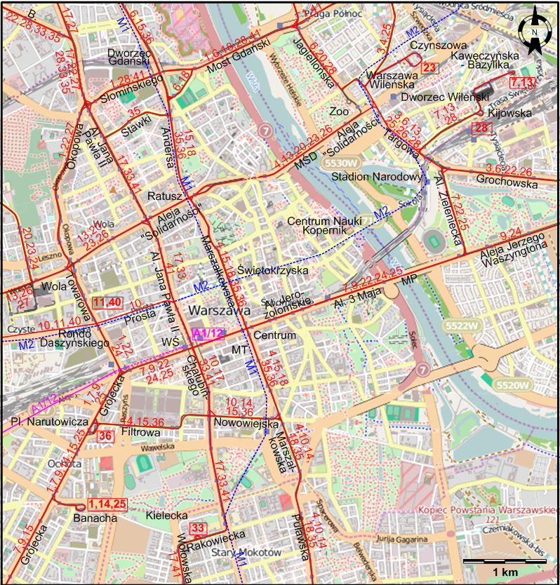 Warsaw downtown tram map 2020