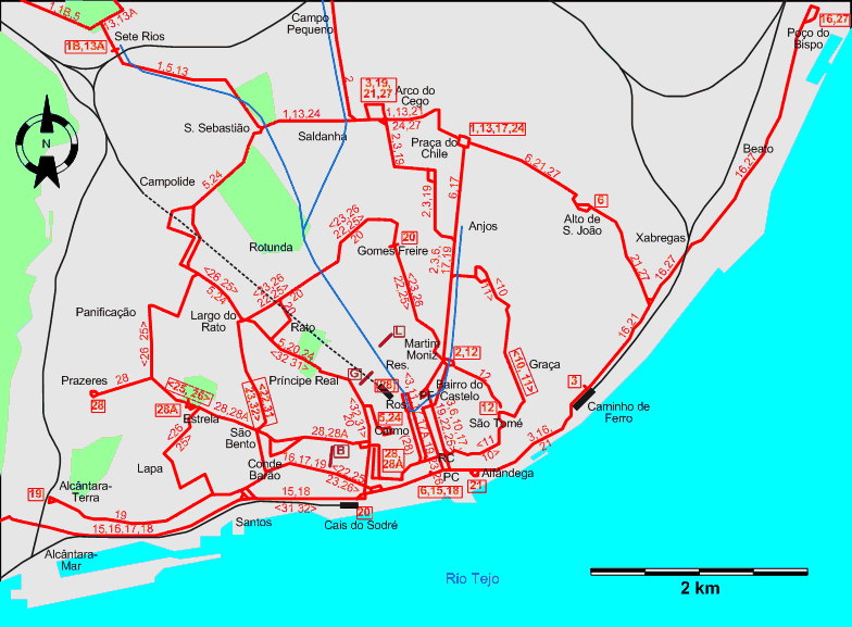 Lisbon downtown tram map 1970