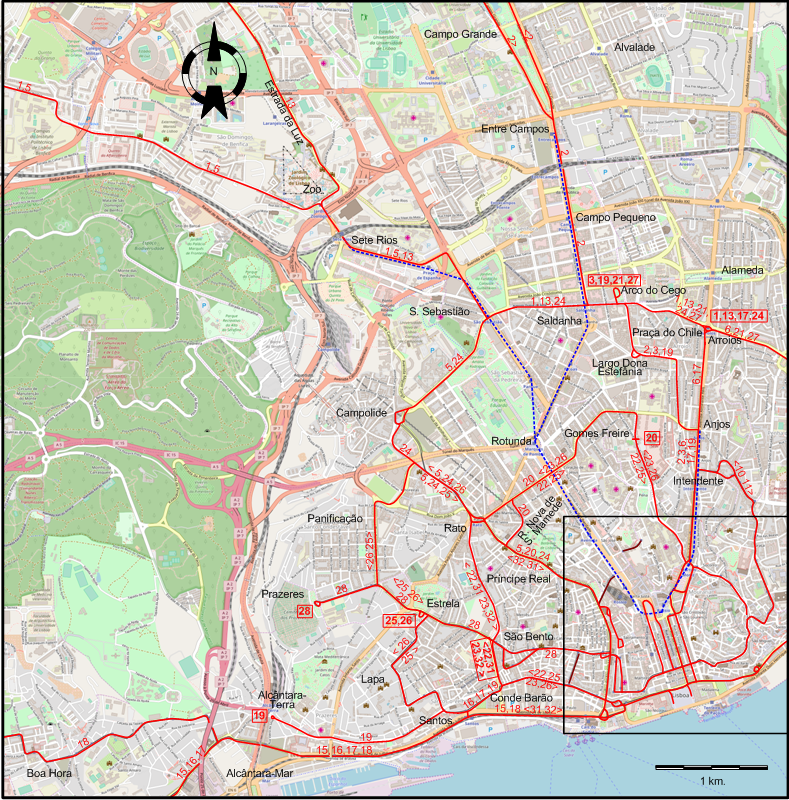 Lisbon downtown tram map 1970