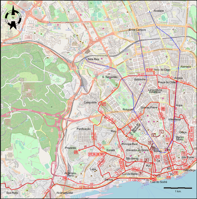 Lisbon downtown tram map 1981