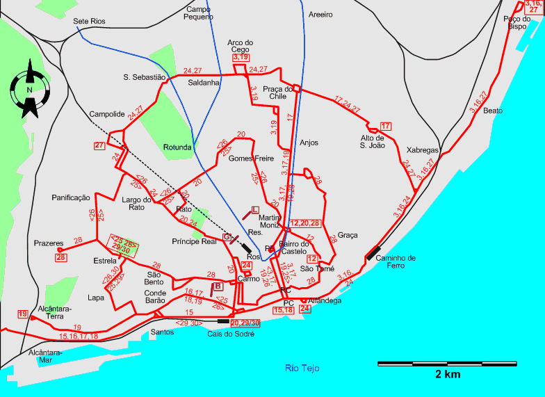 Lisbon downtown tram map 1986
