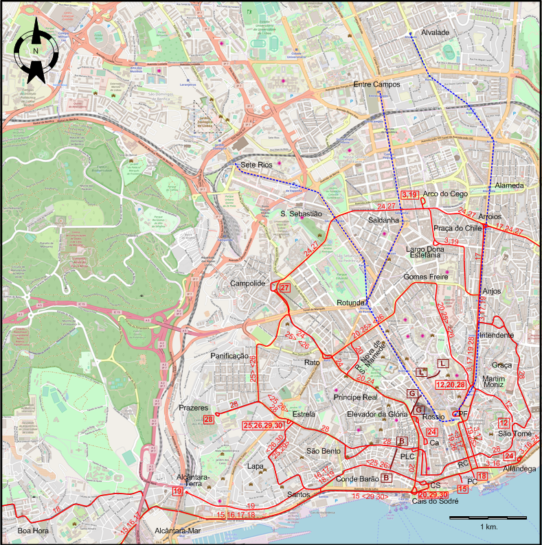 Lisbon downtown tram map 1986