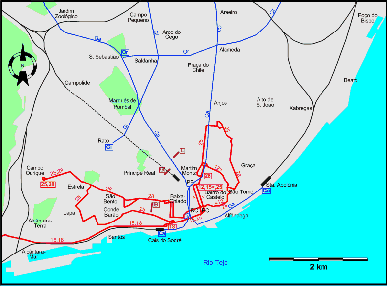 Lisbon downtown tram map 2016