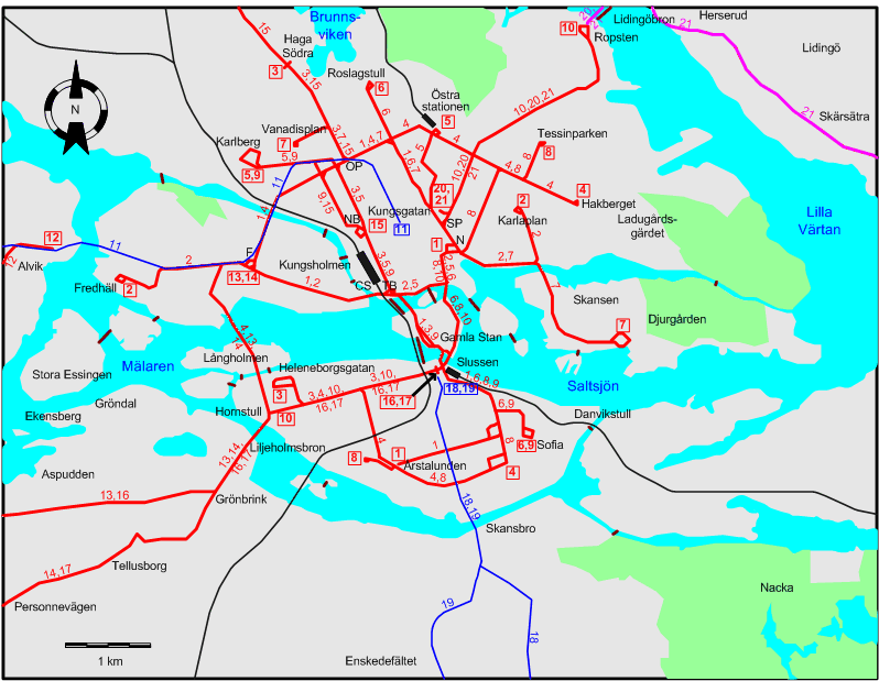Stockholm downtown tram map 1956