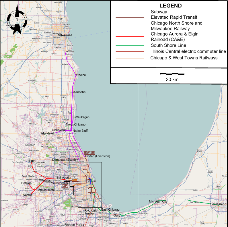 Chicago interurban tram map – 1947