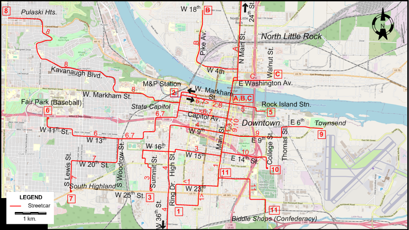 Little Rock 1936 streetcar map