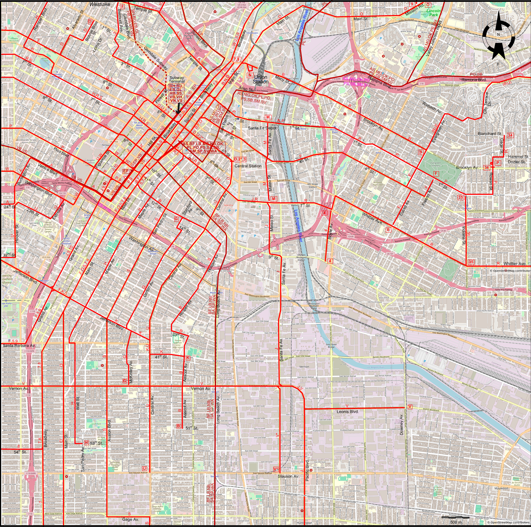 Los Angeles central part tram map – 1941
