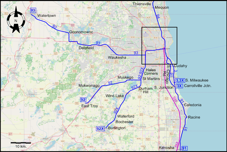 Milwaukee interurban tram map south of the city – 1933