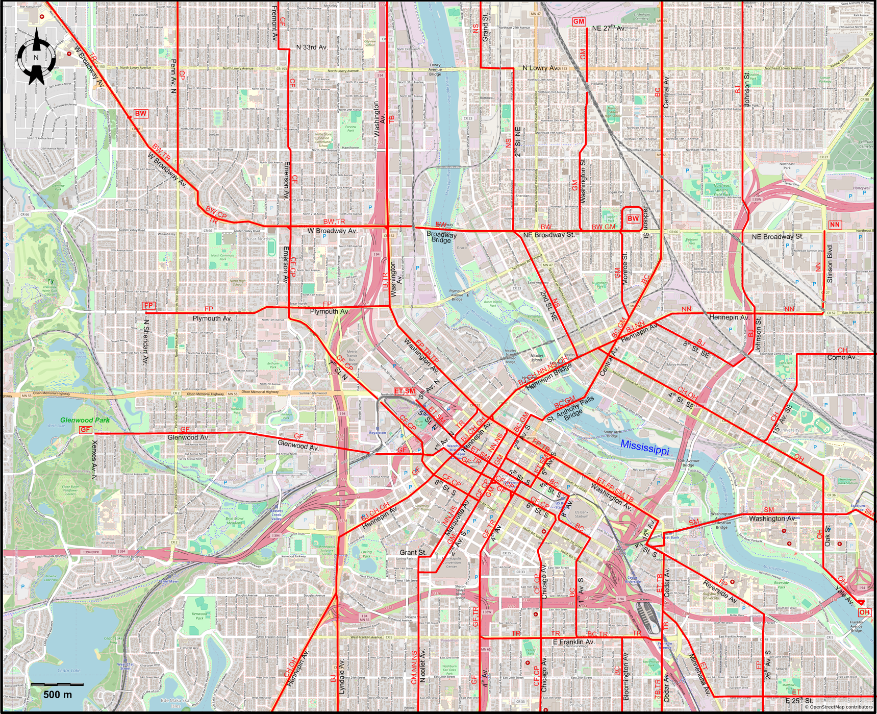 Minneapolis downtown tram map –  1947