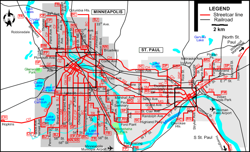 Minneapolis –  St.Paul tram map –  1947
